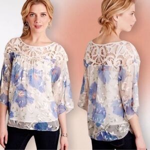 Anthropologie Sz 2 Sheer Eyelet Neck Billowy Floral Blouse